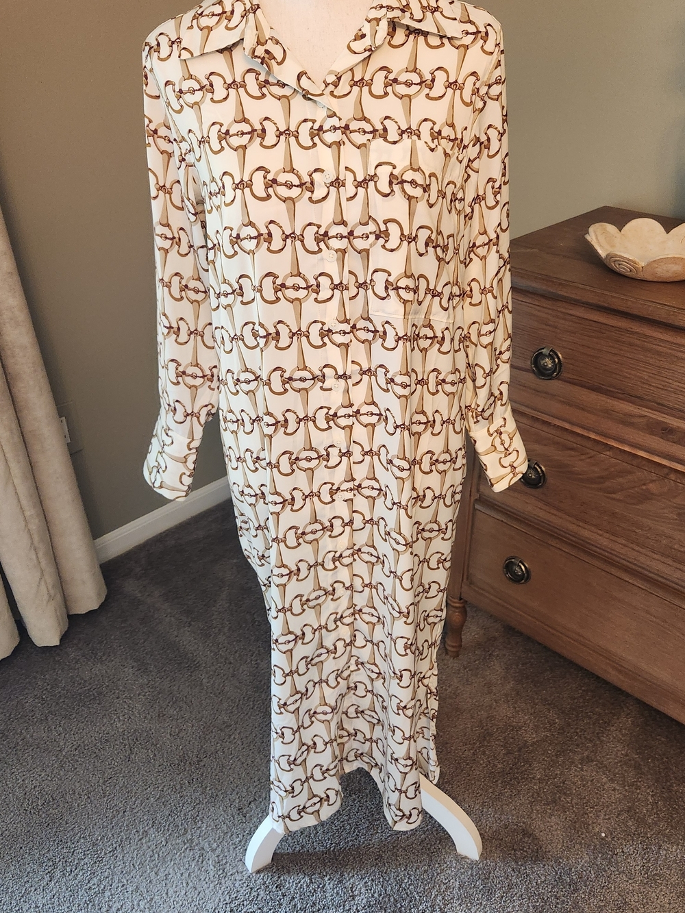 Banana Republic Cream Maxi Dress with Brown Chain Print - Long Sleeve
